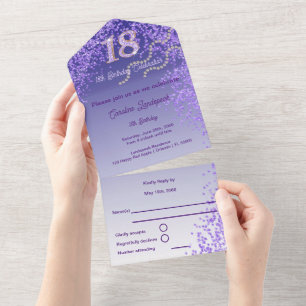 Stylish Purple Glitter 18th Birthday  All In One Invitation