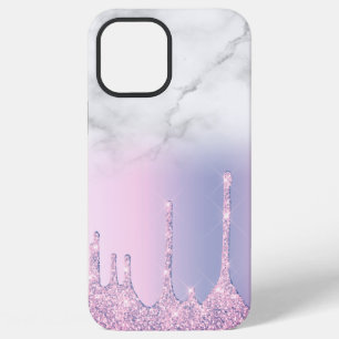 Stylish purple glitter drips ombre white marble iPhone 12 pro max case
