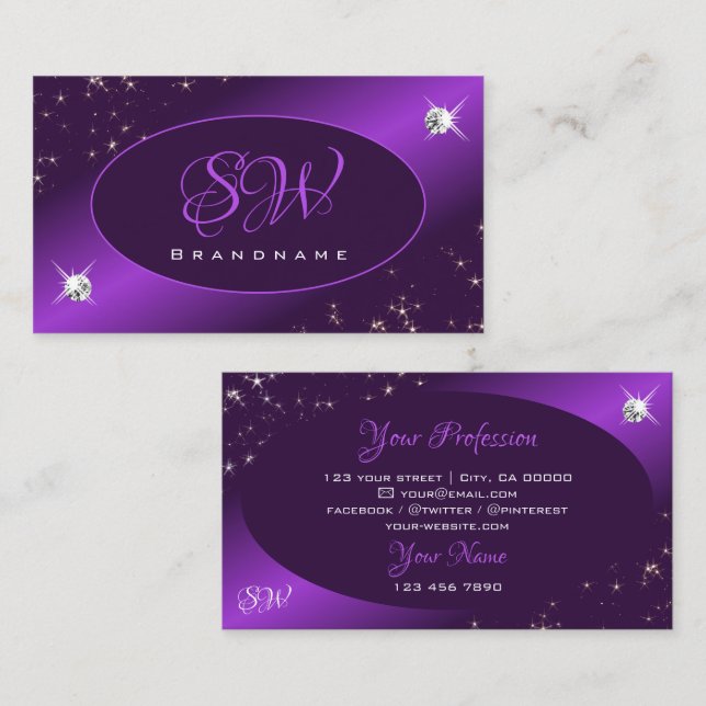 Stylish Purple Glitter Stars Diamonds and Initials Business Card (Front/Back)