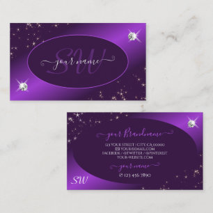 Stylish Purple Glitter Stars Diamonds and Monogram Business Card