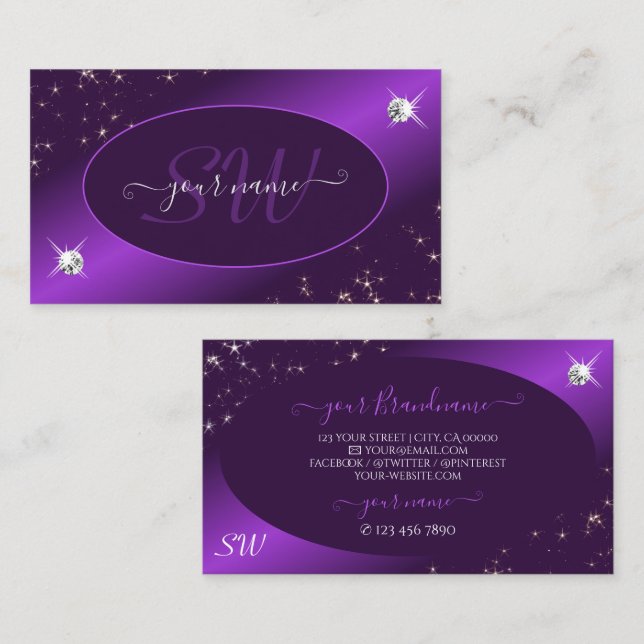 Stylish Purple Glitter Stars Diamonds and Monogram Business Card (Front/Back)
