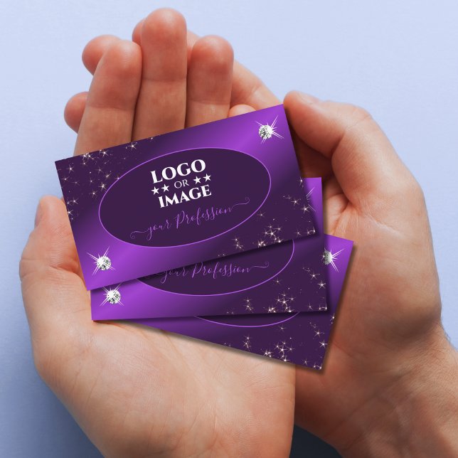 Stylish Purple Glitter Stars Diamonds with Logo Business Card (Creator Uploaded)