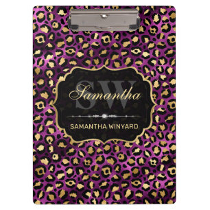Stylish Purple & Gold Foil Leopard Spots Monogram Clipboard
