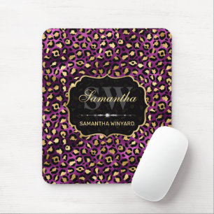Stylish Purple & Gold Foil Leopard Spots Monogram Mouse Mat