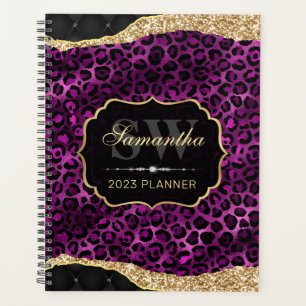 Stylish Purple & Gold Foil Leopard Spots Monogram Planner