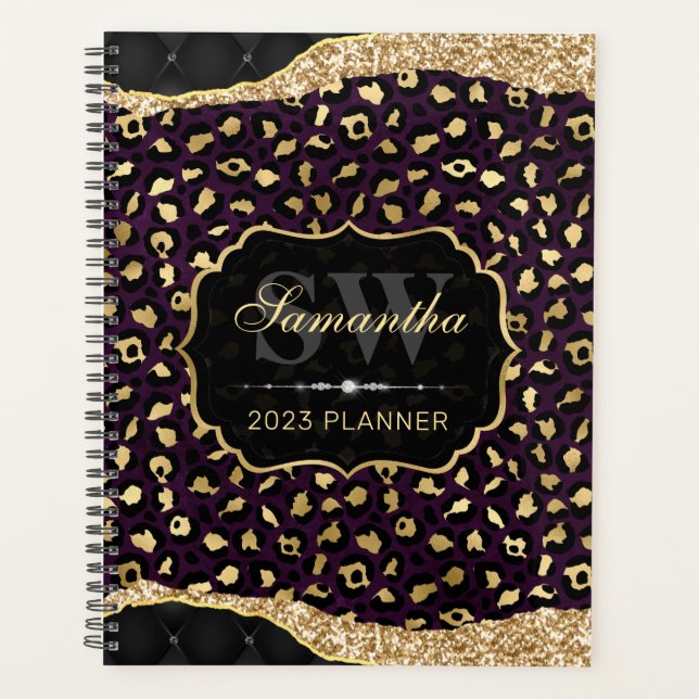 Stylish Purple & Gold Foil Leopard Spots Monogram Planner (Front)