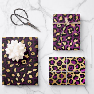 Stylish Purple & Gold Foil Leopard Spots Safari Wrapping Paper Sheet