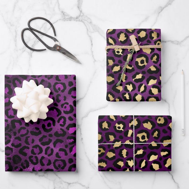 Stylish Purple & Gold Foil Leopard Spots Safari Wrapping Paper Sheet (Front)