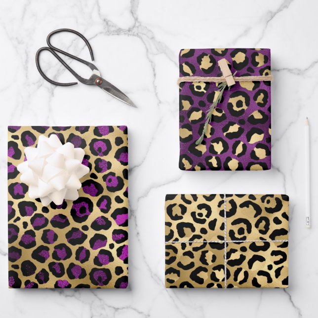 Stylish Purple & Gold Foil Leopard Spots Safari Wrapping Paper Sheet (Front)