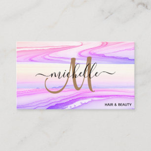 Stylish Purple Gold Glitter Marble Agate Monogram Business Card