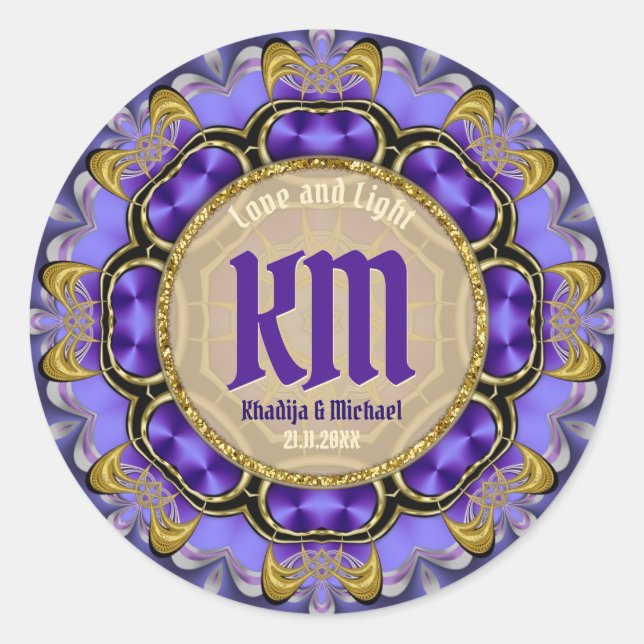 Stylish Purple Gold Lace Elegance Special Day Classic Round Sticker (Front)