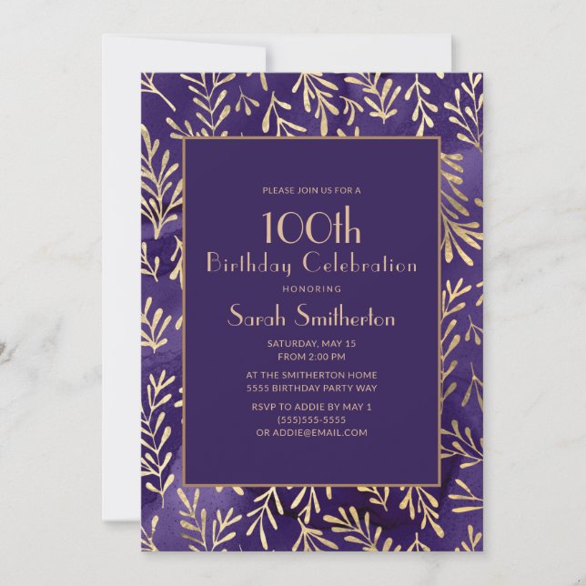 Stylish Purple Gold Leaves 100th Birthday Invitation (Front)