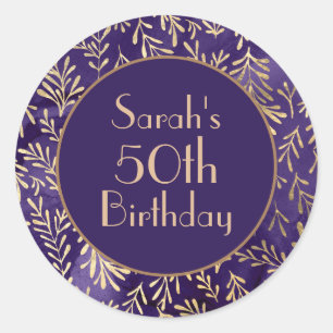 Stylish Purple Gold Leaves 50th Birthday Classic Round Sticker