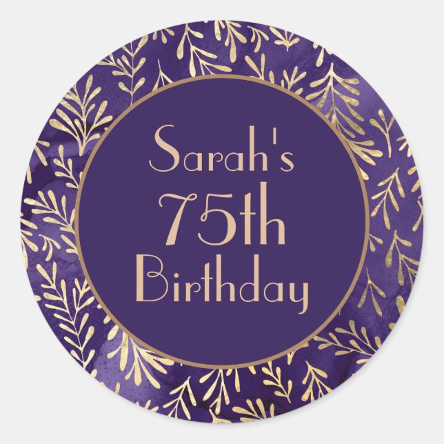 Stylish Purple Gold Leaves 75th Birthday Classic Round Sticker (Front)