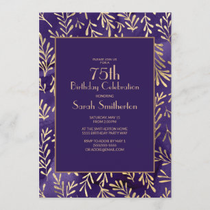 Stylish Purple Gold Leaves 75th Birthday Invitation