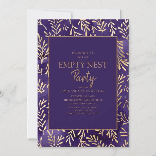 Stylish Purple Gold Leaves Empty Nest Party Invitation (Front)