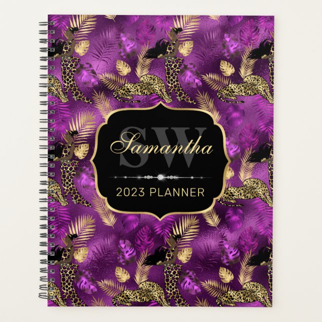 Stylish Purple & Gold Leopard & Woman Monogram Planner (Front)