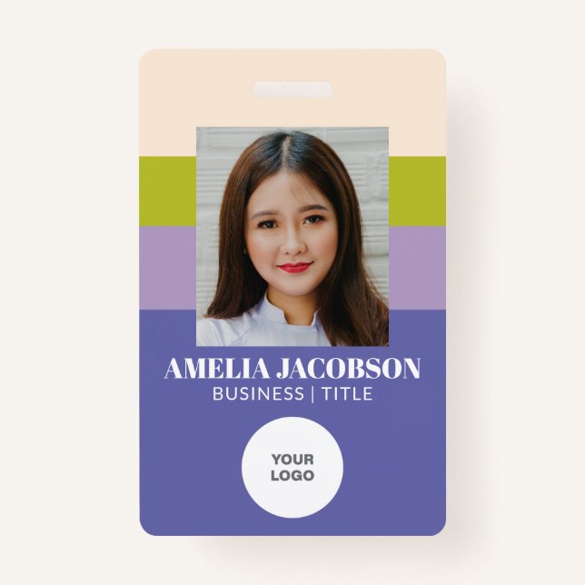 Stylish Purple Green Employee Photo ID and Logo  ID Badge (Front)