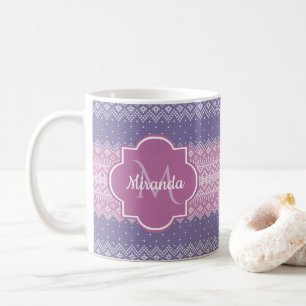 Stylish Purple Knit Pattern With Monogram and Name Coffee Mug