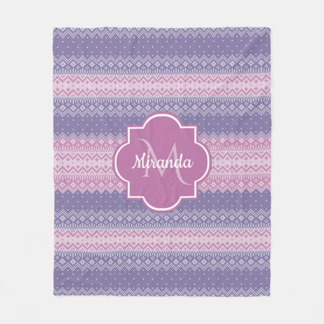 Stylish Purple Knit Pattern With Monogram and Name Fleece Blanket (Front)