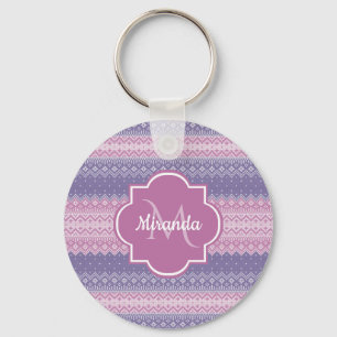 Stylish Purple Knit Pattern With Monogram and Name Key Ring