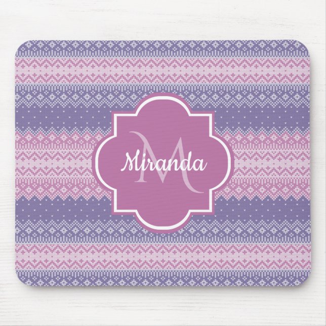 Stylish Purple Knit Pattern With Monogram and Name Mouse Mat (Front)