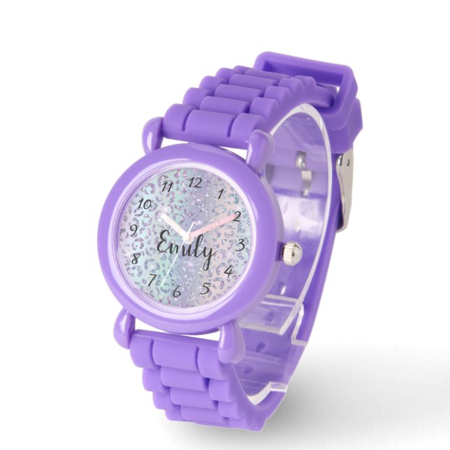 stylish purple leopard pattern personalised girly watch (Angle)