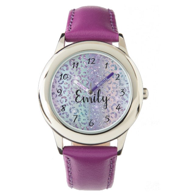 stylish purple leopard pattern personalised girly watch (Front)
