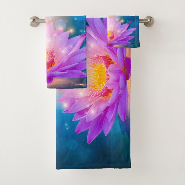 Stylish Purple Lotus Flower Blue,Landscape, Zen Bath Towel Set (Insitu)