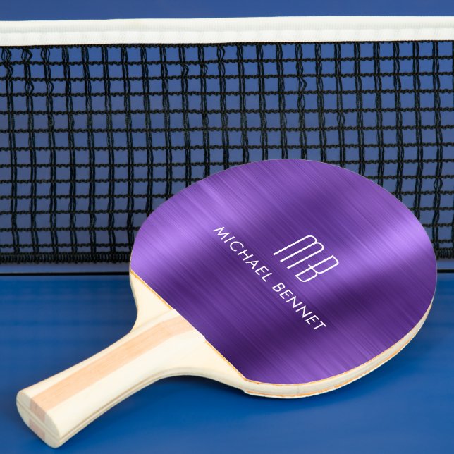 Stylish Purple Metallic Monogram Name Ping Pong Paddle (Insitu)