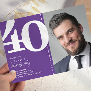 Stylish Purple Photo 40th Birthday Invitation