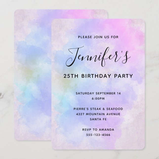 Stylish Purple Pink Blue Abstract Watercolor Invitation (Front/Back)