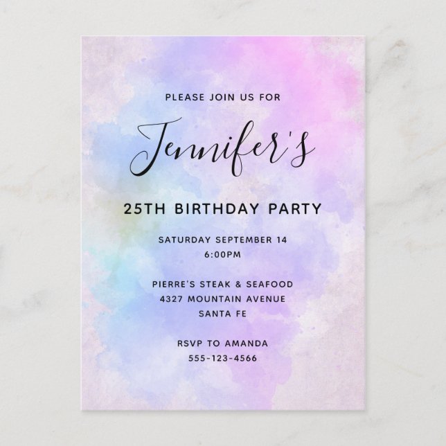 Stylish Purple Pink Blue Watercolor Birthday Invitation Postcard (Front)