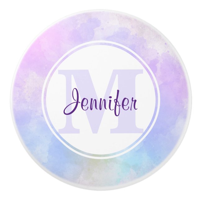 Stylish Purple Pink Blue Watercolor Monogram Ceramic Knob (Front)