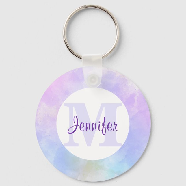 Stylish Purple Pink Blue Watercolor Monogram Key Ring (Front)