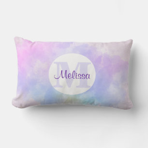 Stylish Purple Pink Blue Watercolor Monogram Lumbar Cushion