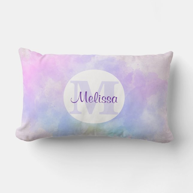 Stylish Purple Pink Blue Watercolor Monogram Lumbar Cushion (Front)