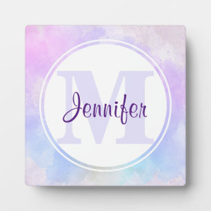 Stylish Purple Pink Blue Watercolor Monogram Plaque
