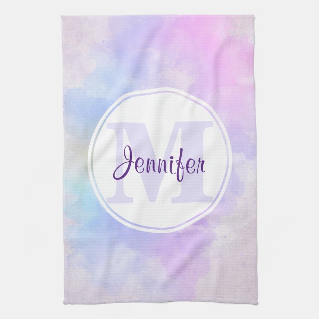 Stylish Purple Pink Blue Watercolor Monogram Tea Towel (Vertical)