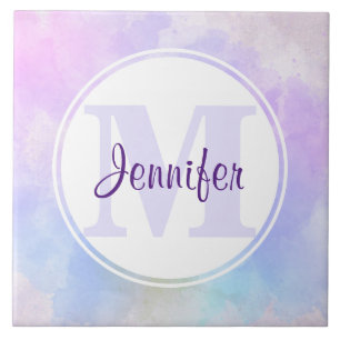 Stylish Purple Pink Blue Watercolor Monogram Tile