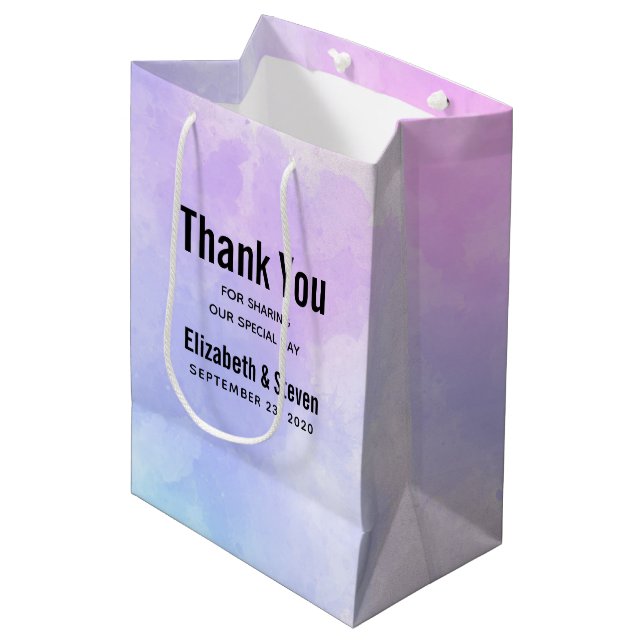 Stylish Purple Pink Blue Watercolor Wedding Medium Gift Bag (Front Angled)