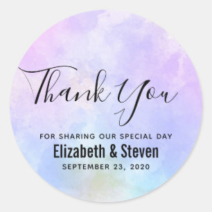 Stylish Purple Pink Blue Watercolor Wedding Thanks Classic Round Sticker
