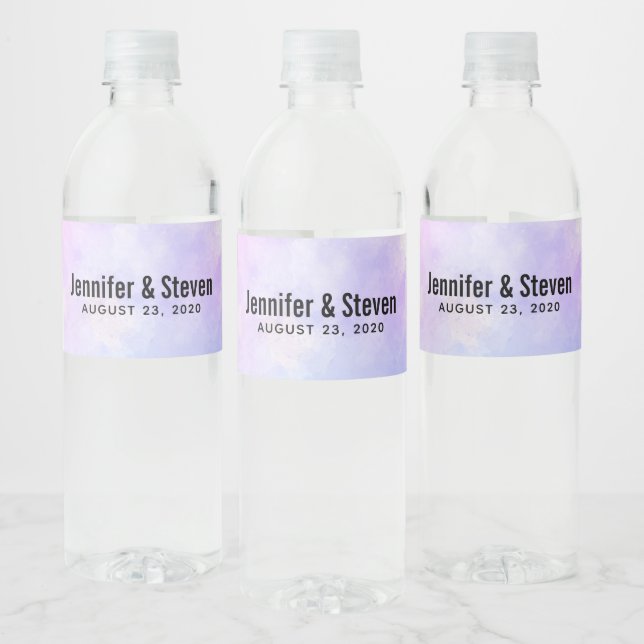 Stylish Purple Pink Blue Watercolor Wedding Water Bottle Label (Bottles)
