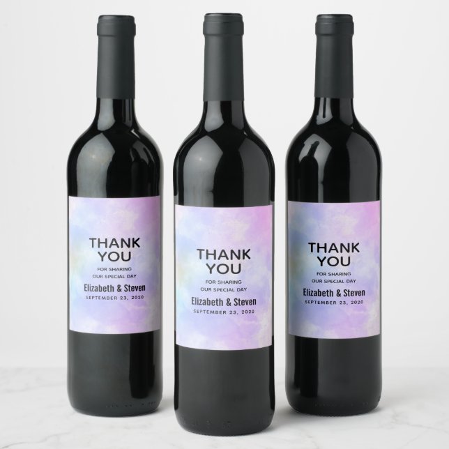 Stylish Purple Pink Blue Watercolor Wedding Wine Label (Bottles)