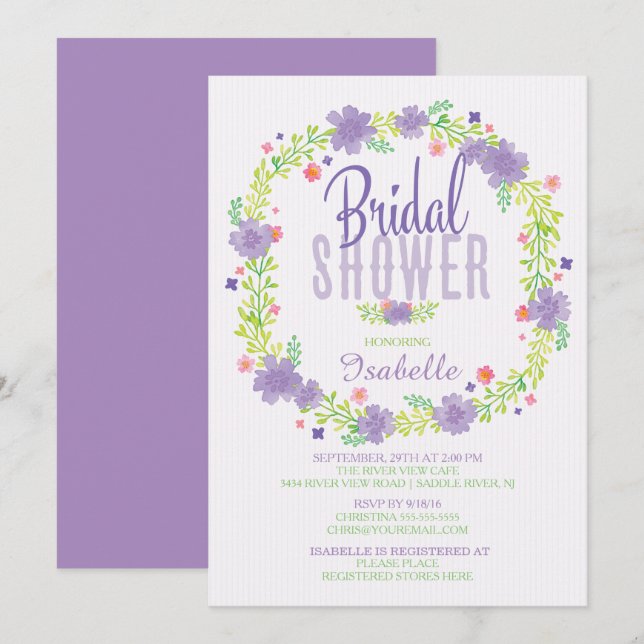 Stylish Purple Pink Floral Wreath Bridal Shower Invitation (Front/Back)