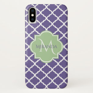Stylish Purple Quatrefoil and Name Green Monogram iPhone X Case