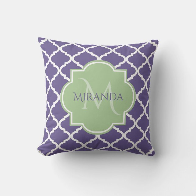 Stylish Purple Quatrefoil and Name Green Monogram Cushion (Front)