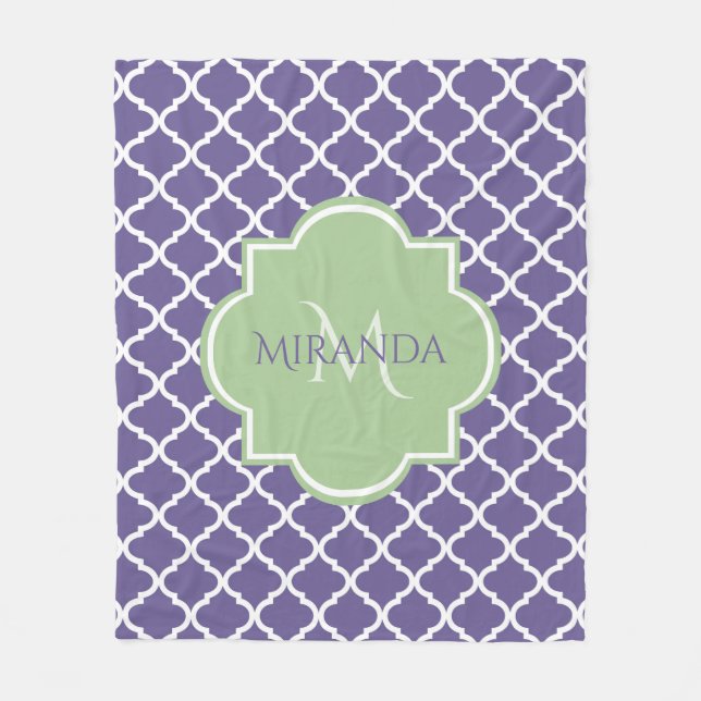 Stylish Purple Quatrefoil and Name Green Monogram Fleece Blanket (Front)