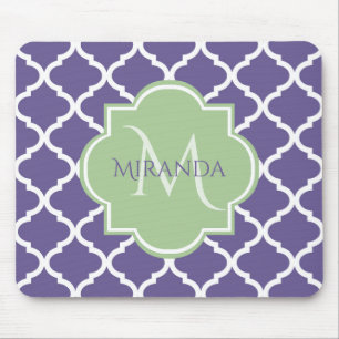 Stylish Purple Quatrefoil and Name Green Monogram Mouse Mat