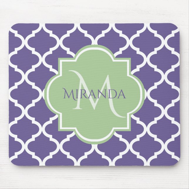 Stylish Purple Quatrefoil and Name Green Monogram Mouse Mat (Front)